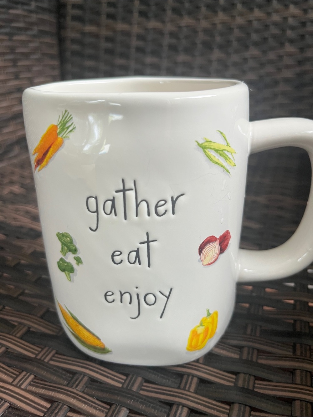 Rae Dunn White Ceramic 'Gather Eat Enjoy' Mug with Colorful Veggie Accents